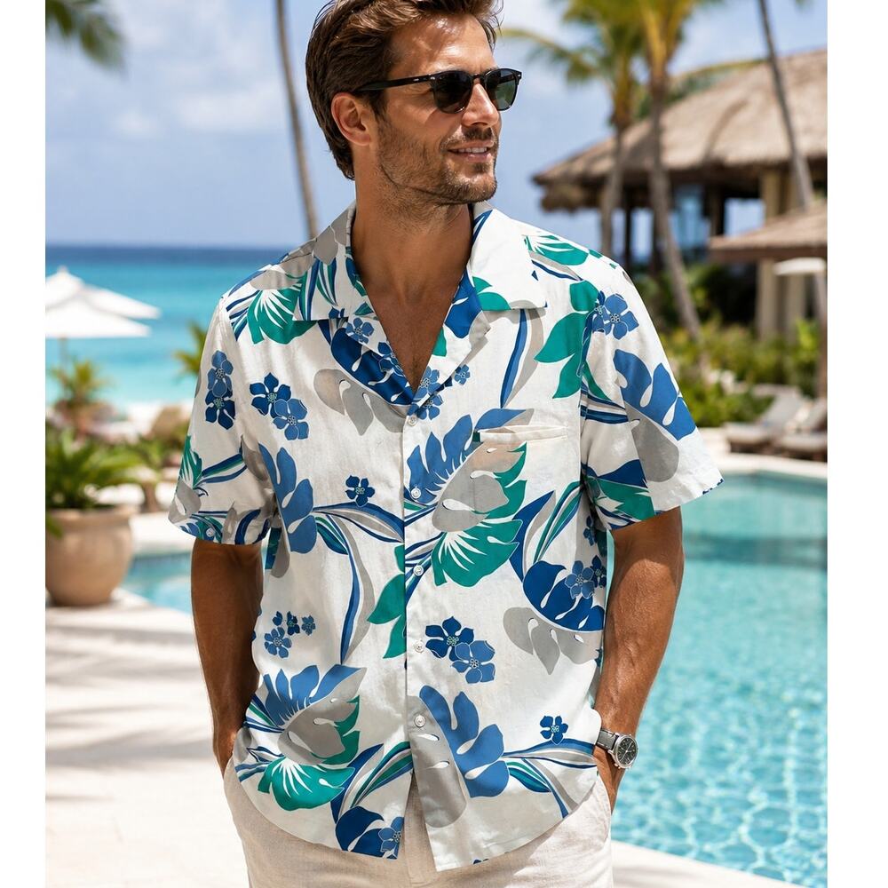 Hilo Hattie Hawaiian Button Shirt Mens XL White Blue Green Tropical Aloha Cotton